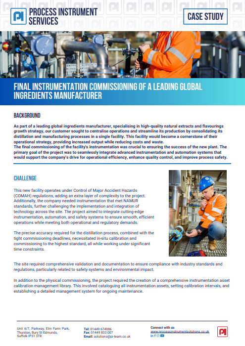Final instrumentation commissioning of a leading global ingredients manufacturer