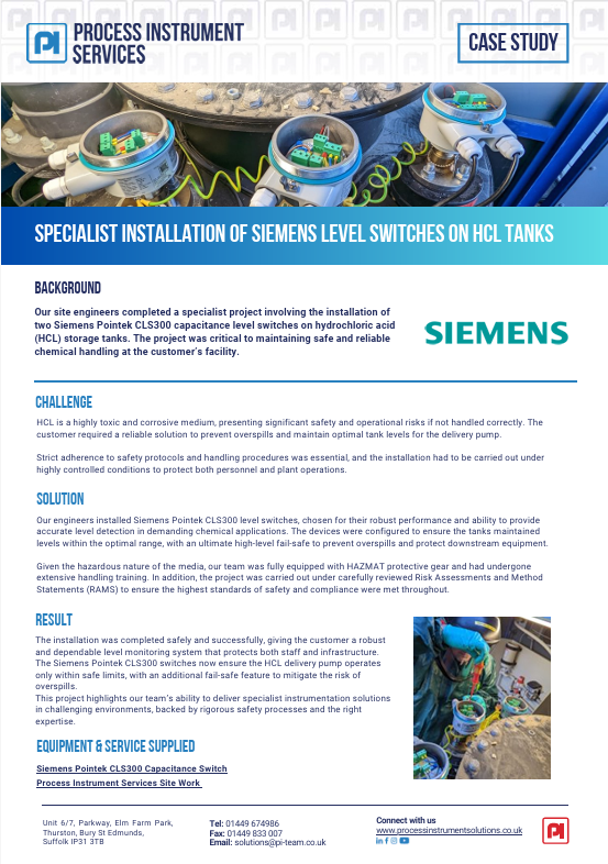 Specialist Installation of Siemens Level Switches on HCL Tanks