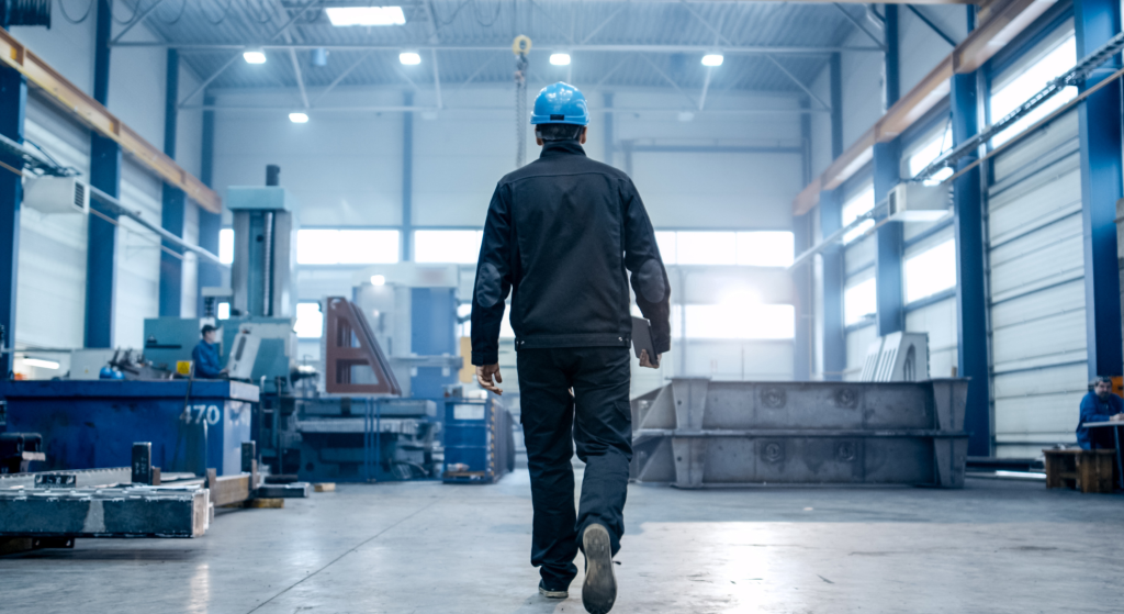 Male factory worker walking away from camera in navy overalls and blue hard hat. 